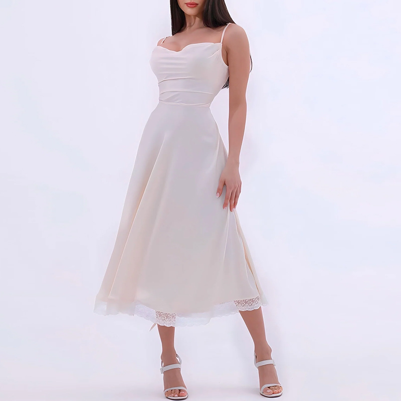 hongfeng creates elegant silk dress designs with delicate lace trim and sexy straps.